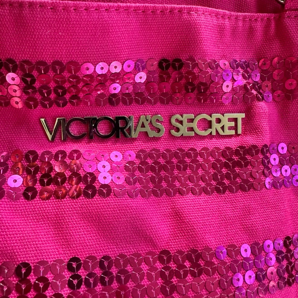 NWT Victoria's Secret HOT Pink Canvas Tote Bag Carry All Sequins - Picture 2 of 5